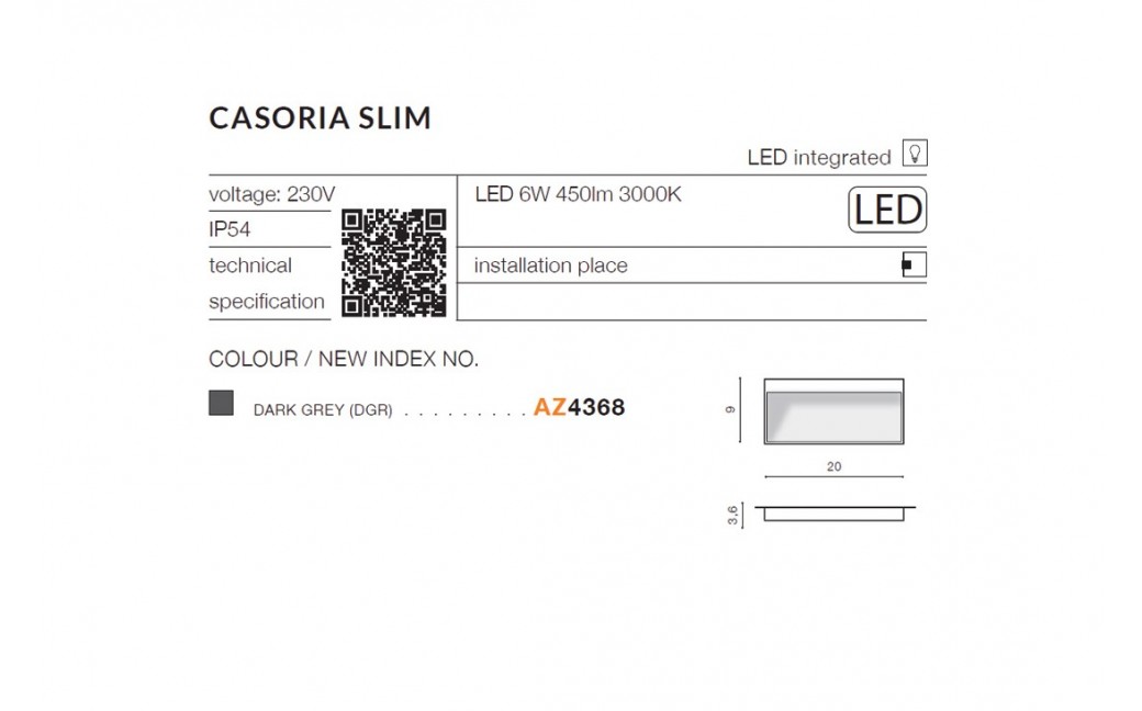 Azzardo CASORIA SLIM IP54 LED 6W 450lm 3000K Zewnętrzna Ciemny Szary Ścienna AZ4368