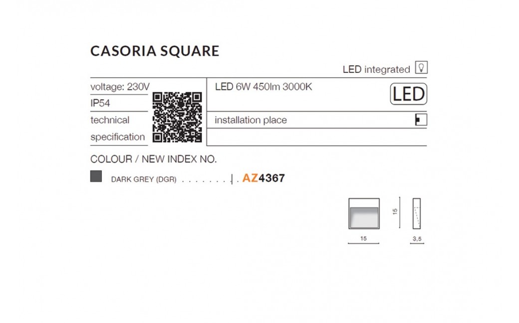 Azzardo CASORIA SQUARE IP54 LED 6W 450lm 3000K Zewnętrzna Ciemny Szary Ścienna AZ4367