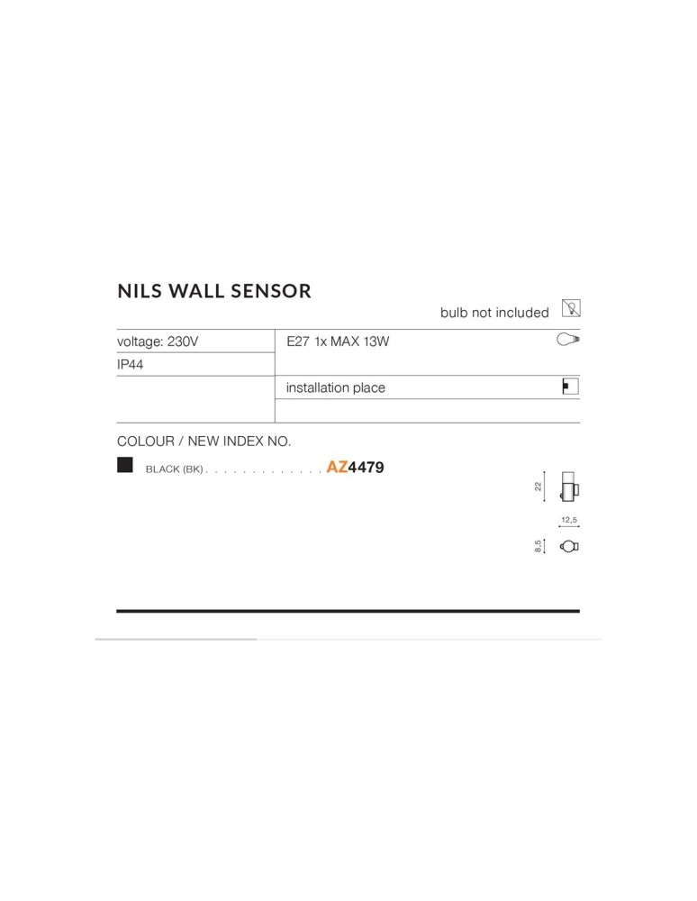 Outdoor lights with motion sensor - Azzardo NILS WALL SENSOR IP44 1xE27 Outdoor Black Wall Wash AZ4479 - product kolory-swiatla.pl 2