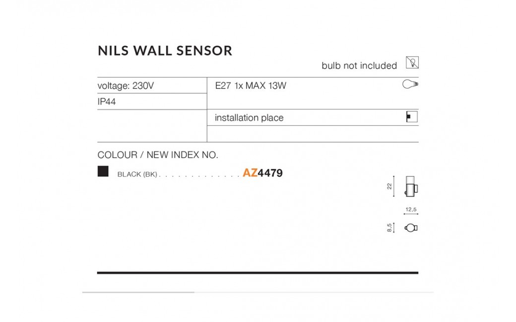 Azzardo NILS WALL SENSOR IP44 1xE27 Zewnętrzna Czarny Ścienna AZ4479