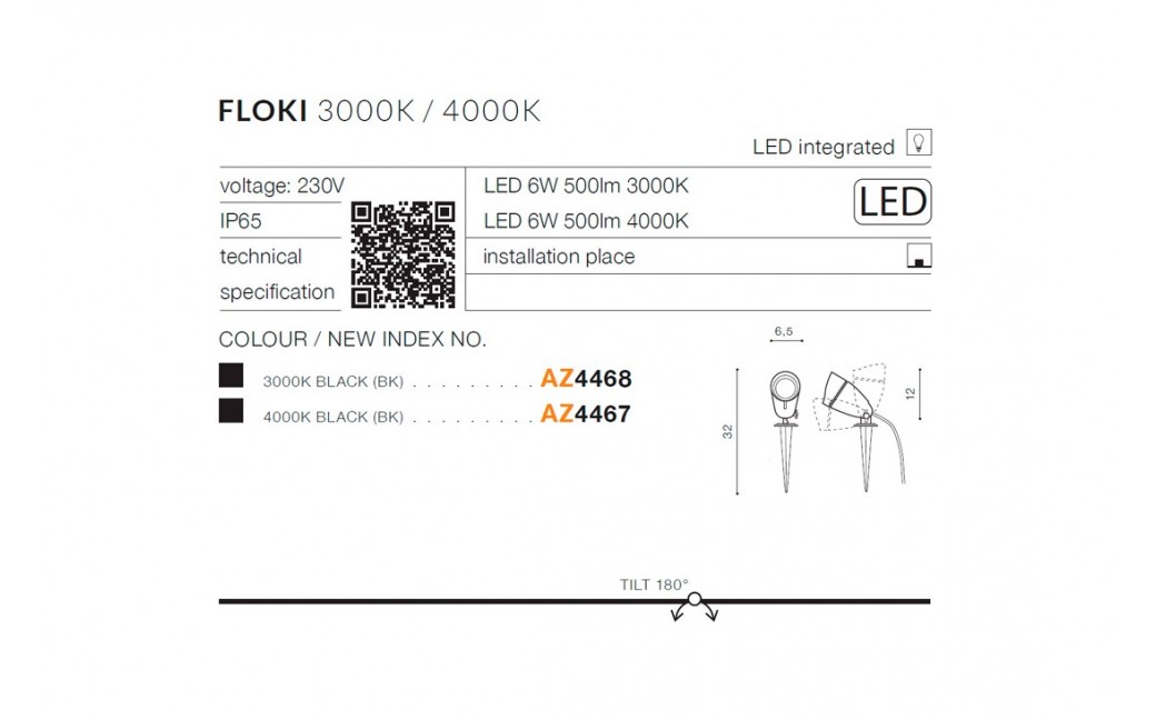 Azzardo FLOKI IP54 LED 6W 500lm 3000K Zewnętrzna Czarny Gruntowa AZ4468