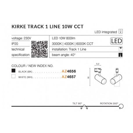 Azzardo KIRKE TRACK 1 LINE LED 10W 800lm 3000K/4000K/6000K Biały Reflektor Do Szynoprzewodu 1F AZ4657