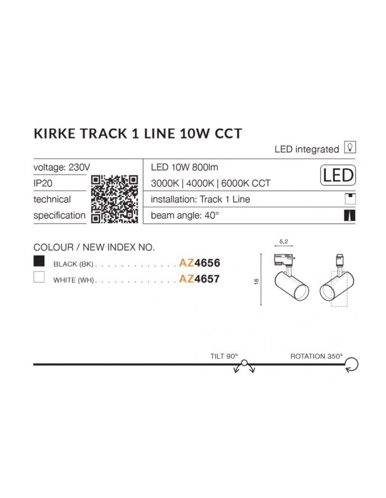 Lamps for 1 phase busbars - Azzardo KIRKE TRACK 1 LINE LED 10W 800lm 3000K/4000K/6000K White Spotlight For Busbar 1F AZ4657 - product kolory-swiatla.pl 6