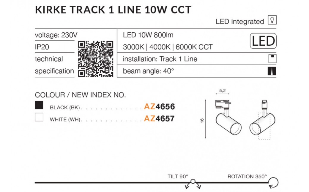 Azzardo KIRKE TRACK 1 LINE LED 10W 800lm 3000K/4000K/6000K Biały Reflektor Do Szynoprzewodu 1F AZ4657