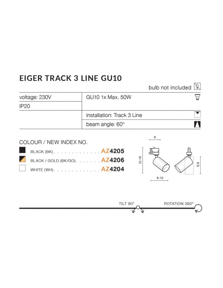 Lamps for 3-phase busbars - Azzardo EIGER TRACK 3 LINE 1xGU10 Black/Gold Spotlight For Busbar 3F AZ4206 - product kolory-swiatla.pl 7