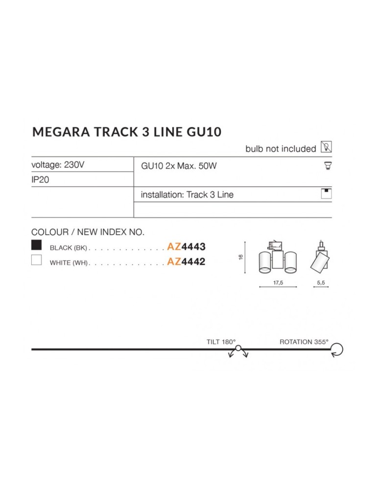 Lamps for 3-phase busbars - Azzardo MEGARA TRACK 3 LINE 2xGU10 Black Spotlight For Busbar 3F AZ4443 - product kolory-swiatla.pl 2