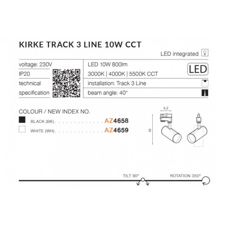 Azzardo KIRKE TRACK 3 LINE LED 10W 800lm 3000K/4000K/5500K Biały Reflektor Do Szynoprzewodu 3F AZ4659