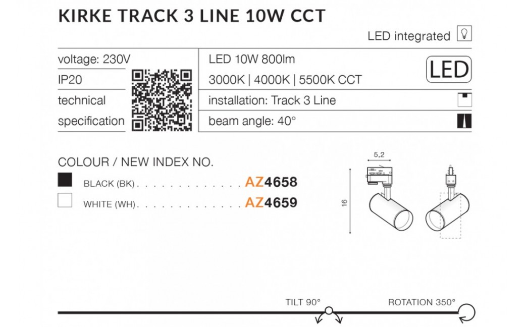 Azzardo KIRKE TRACK 3 LINE LED 10W 800lm 3000K/4000K/5500K Biały Reflektor Do Szynoprzewodu 3F AZ4659
