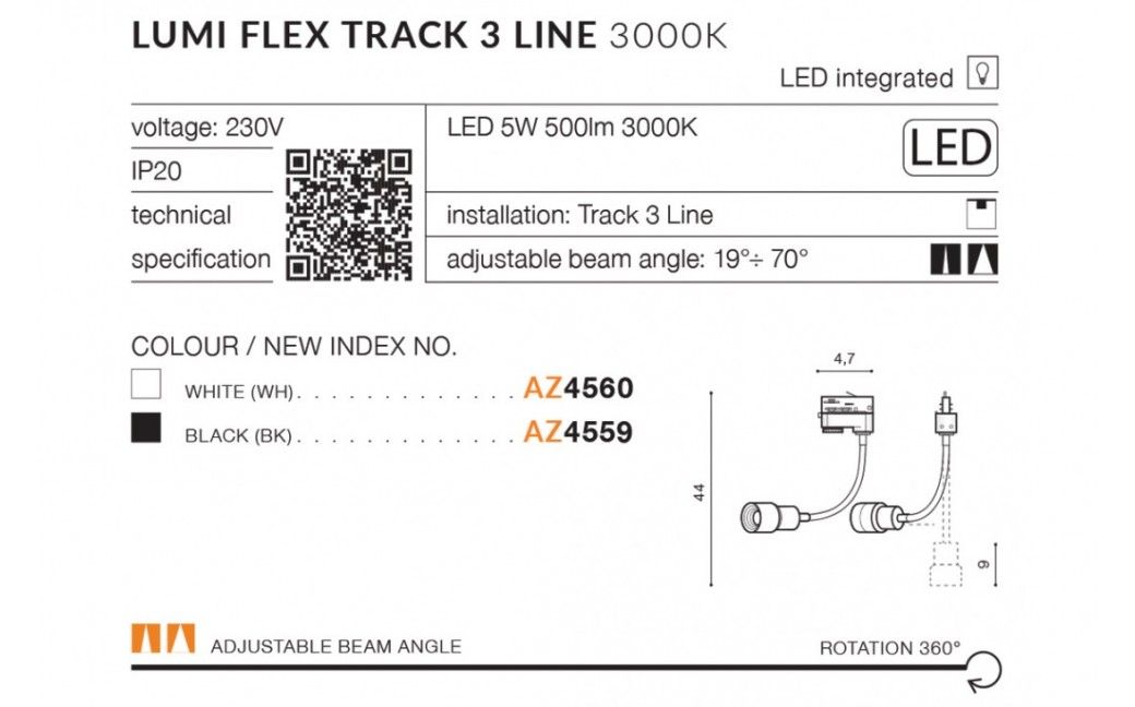 Azzardo LUMI TRACK 3 LINE LED 5W 500lm 3000K Czarny Reflektor Do Szynoprzewodu 3F AZ4557