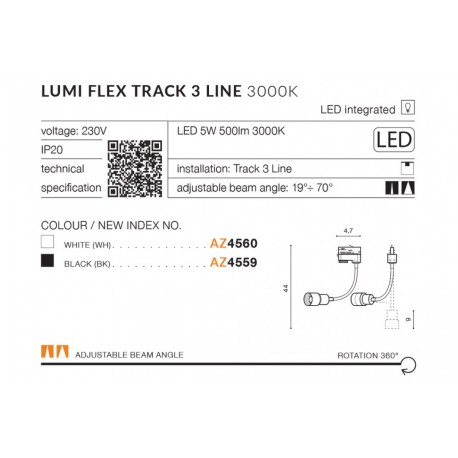 Azzardo LUMI TRACK 3 LINE LED 5W 500lm 3000K Biały Reflektor Do Szynoprzewodu 3F AZ4558