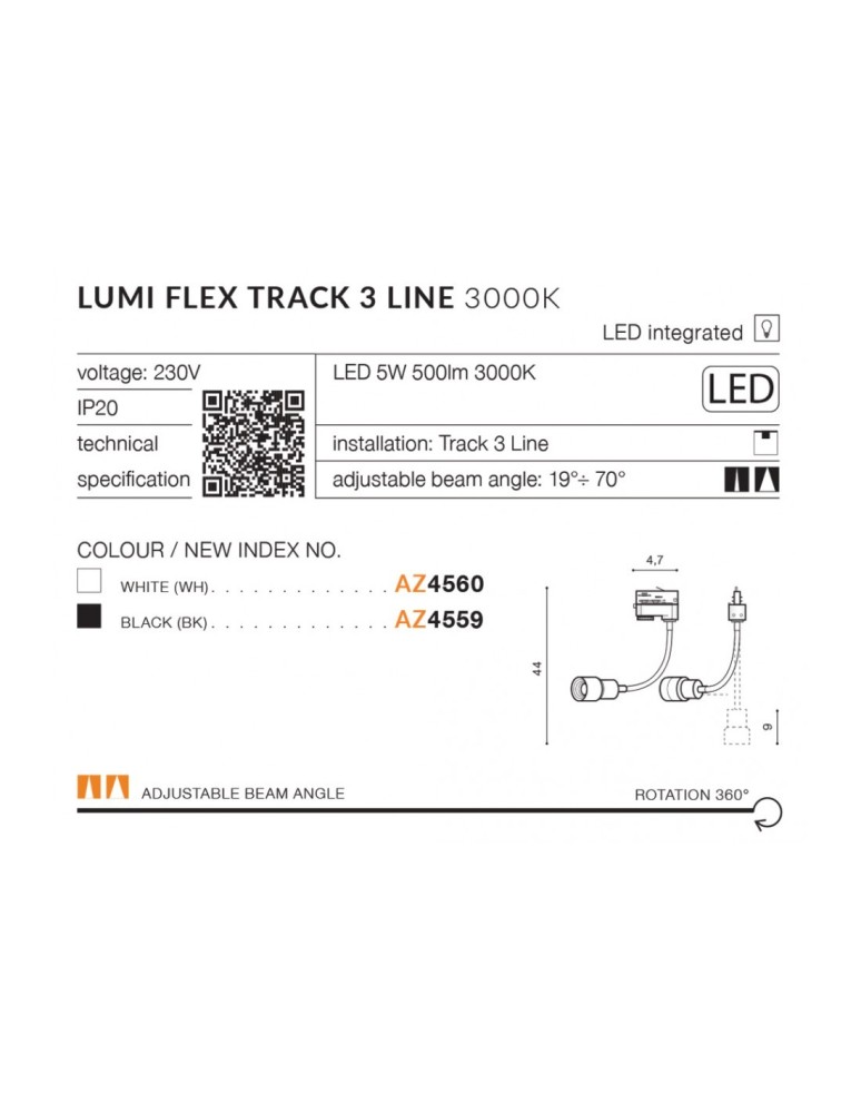 Lamps for 3-phase busbars - Azzardo LUMI TRACK 3 LINE LED 5W 500lm 3000K White Reflector For Draw-wire 3F AZ4558 - product kolory-swiatla.pl 2