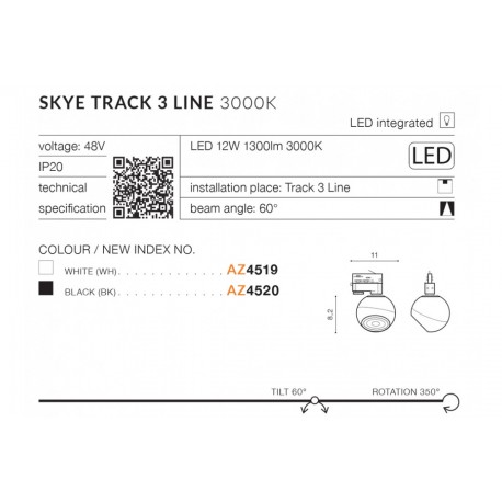 Azzardo SKYE TRACK 3 LINE LED 12W 1300lm 3000K Czarny Reflektor Do Szynoprzewodu 3F AZ4520