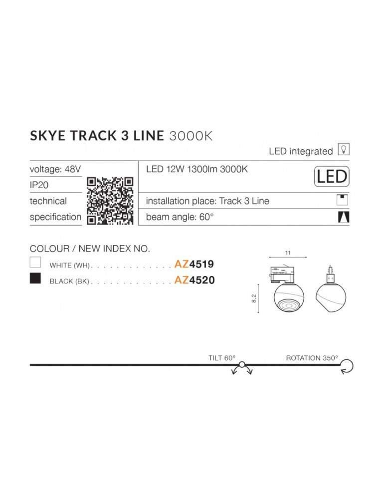 Lamps for 3-phase busbars - Azzardo SKYE TRACK 3 LINE LED 12W 1300lm 3000K White Reflector For Draw-wire 3F AZ4519 - product kolory-swiatla.pl 2