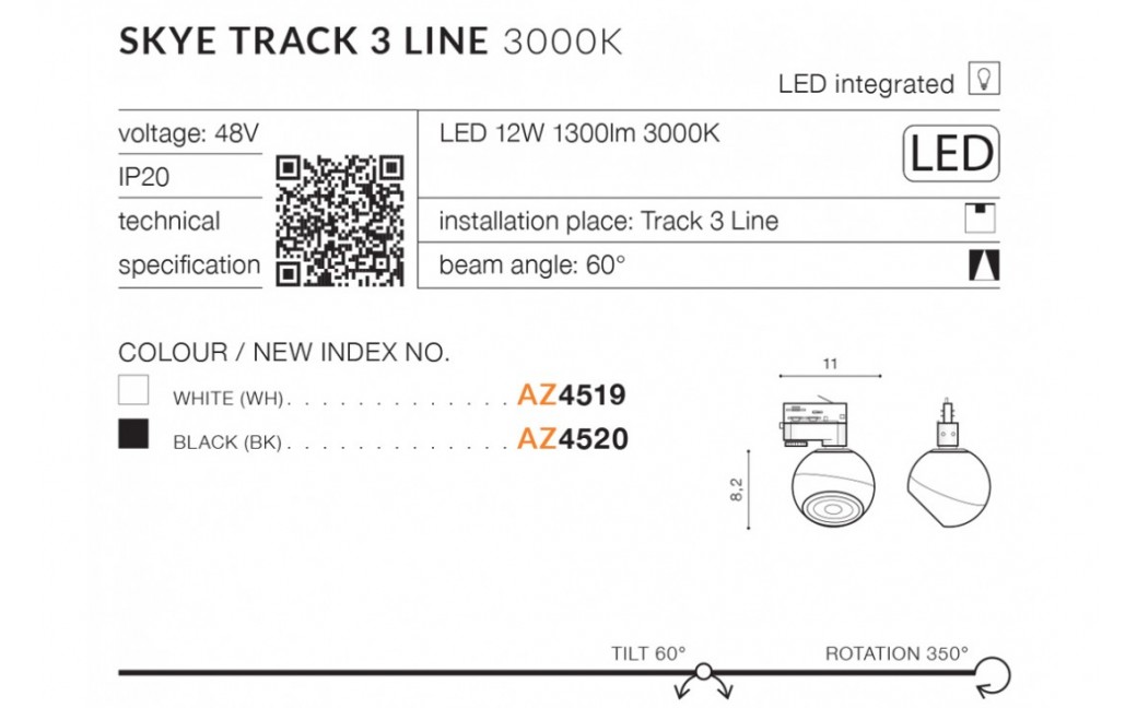 Azzardo SKYE TRACK 3 LINE LED 12W 1300lm 3000K Biały Reflektor Do Szynoprzewodu 3F AZ4519