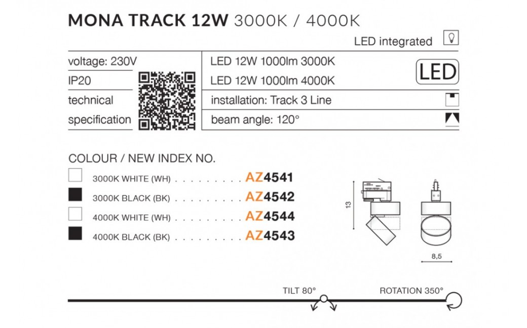 Azzardo MONA TRACK 3 LINE LED 12W 1000lm 3000K Czarny Reflektor Do Szynoprzewodu 3F AZ4542