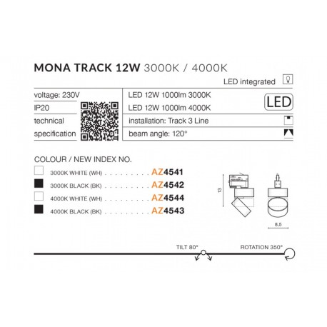 Azzardo MONA TRACK 3 LINE LED 12W 1000lm 3000K Biały Reflektor Do Szynoprzewodu 3F AZ4541