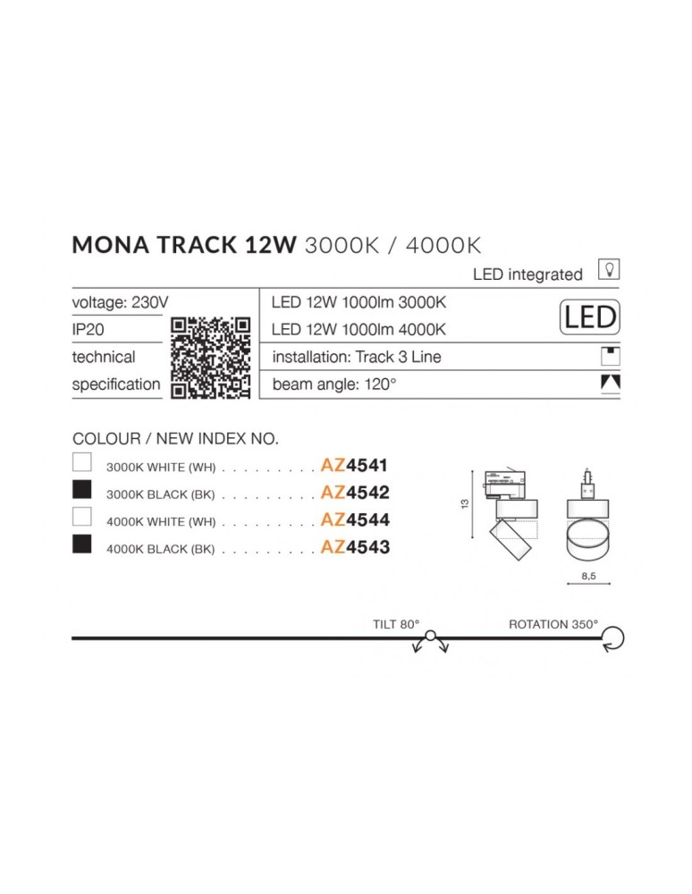Lamps for 3-phase busbars - Azzardo MONA TRACK 3 LINE LED 18W 1500lm 3000K White Reflector For Draw-wire 3F AZ4548 - product kolory-swiatla.pl 5