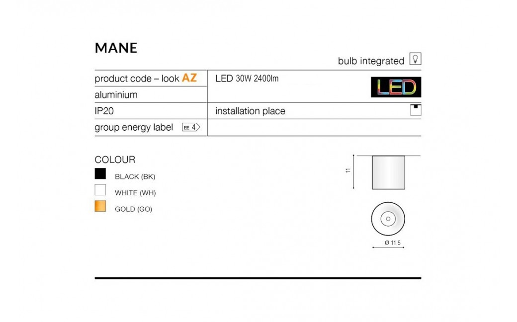 Azzardo MANE LED 30W 2400lm 3000K Czarny Sufitowa AZ4156