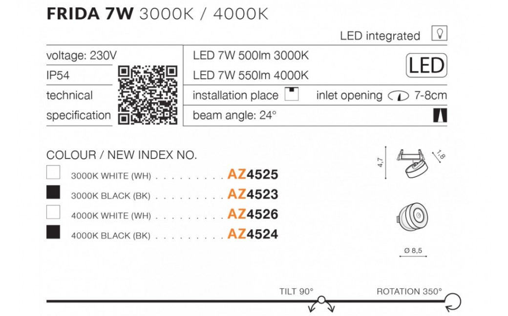 Azzardo FRIDA LED 7W 500lm 3000K Czarny Wpuszczana AZ4523