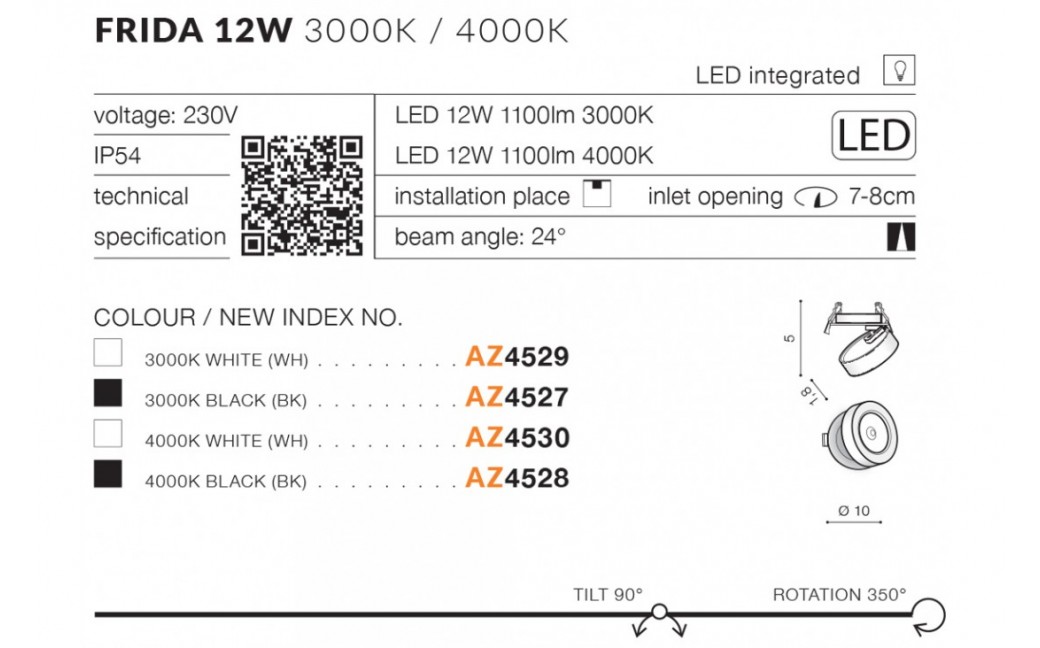 Azzardo FRIDA LED 12W 1100lm 3000K Czarny Wpuszczana AZ4527