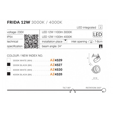 Azzardo FRIDA LED 12W 1100lm 3000K Biały Wpuszczana AZ4529