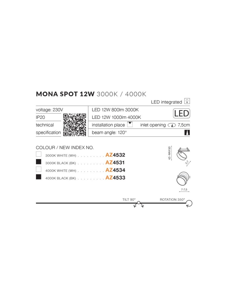 Recessed ceiling spotlights - Azzardo MONA SPOT LED 12W 1000lm 4000K White Recessed AZ4534. - product kolory-swiatla.pl 6