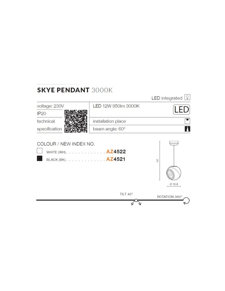 LED pendant lamps - Azzardo SKYE LED 12W 950lm 3000K Black Pendant AZ4521 - product kolory-swiatla.pl 4