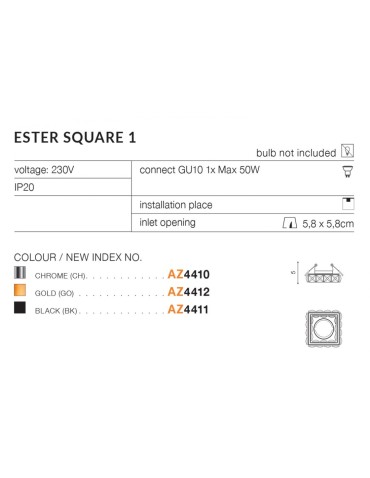 Azzardo ESTER SQUARE 1 1xGU10 Czarny Wpuszczana AZ4411 - produkt 2