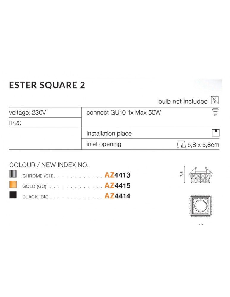 Flush-mounted lamps - pendants - Azzardo ESTER SQUARE 2 1xGU10 Gold Recessed AZ4415. - product kolory-swiatla.pl 3