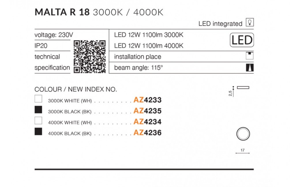 Azzardo MALTA R18 LED 12W 1100lm 3000K Czarny Sufitowa AZ4235