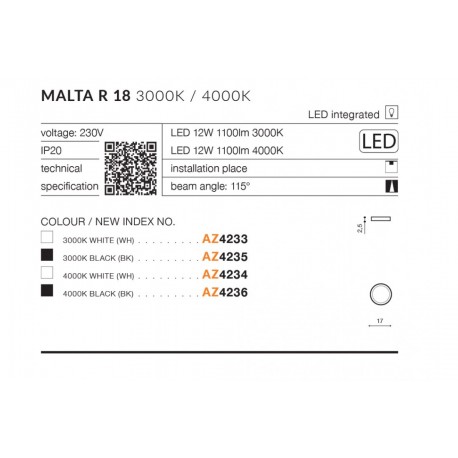 Azzardo MALTA R18 LED 12W 1100lm 3000K Biały Sufitowa AZ4233