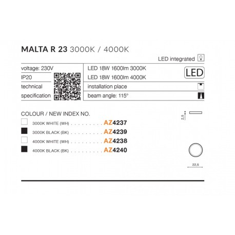 Azzardo MALTA R23 LED 18W 1600lm 4000K Czarny Sufitowa AZ4240