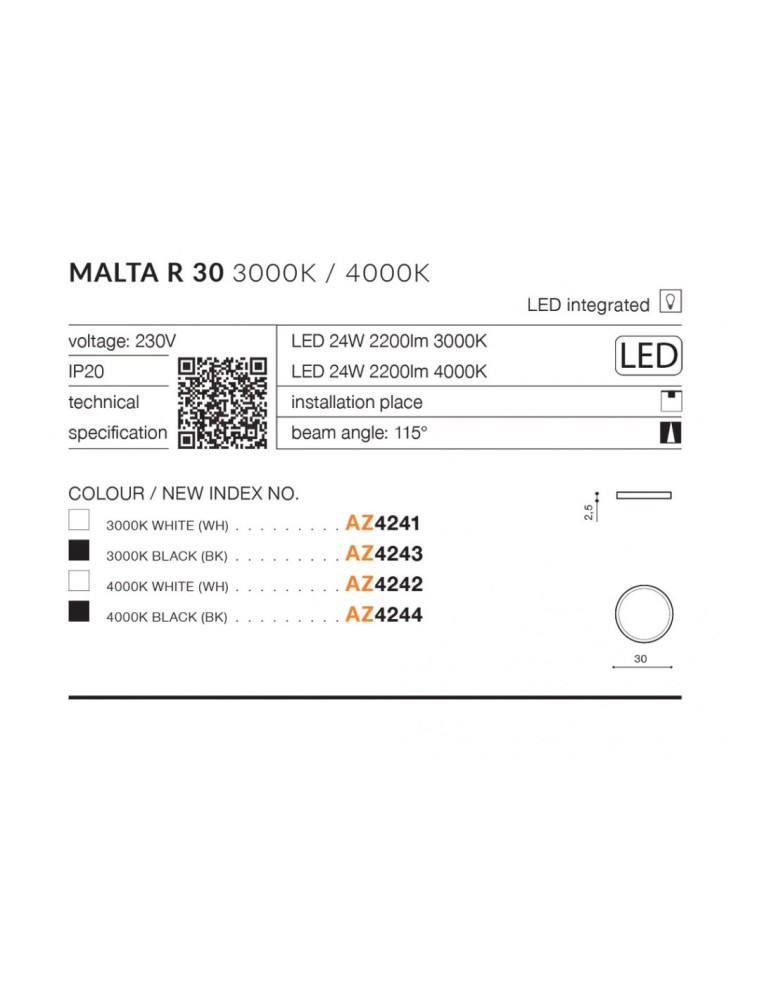 Round Plafonds - Azzardo MALTA R30 LED 24W 2200lm 3000K Black Ceiling Light AZ4243 - product kolory-swiatla.pl 3