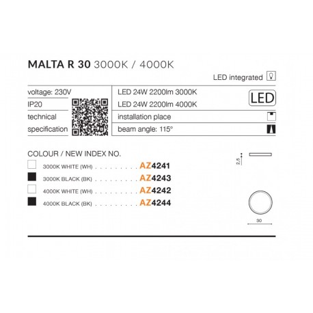 Azzardo MALTA R30 LED 24W 2200lm 3000K Czarny Sufitowa AZ4243