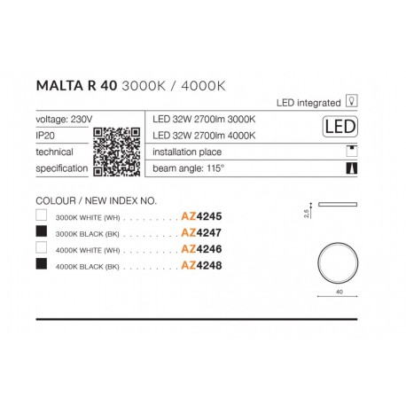 Azzardo MALTA R40 LED 32W 2700lm 4000K Czarny Sufitowa AZ4248