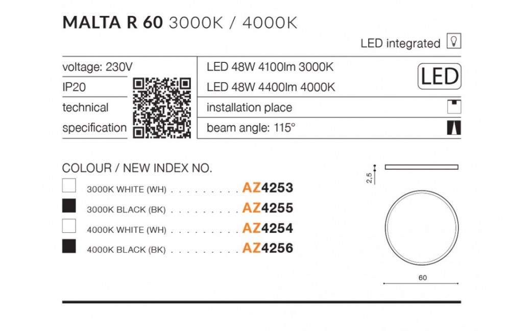 Azzardo MALTA R60 LED 48W 4400lm 4000K Czarny Sufitowa AZ4256