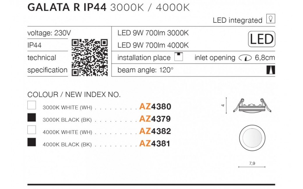Azzardo GALATA R LED IP44 9W 700lm 3000K Czarny Wpuszczana AZ4379