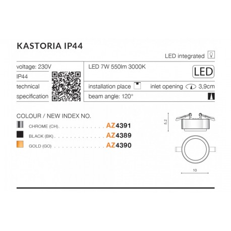 Azzardo KASTORIA LED IP44 7W 550lm 3000K Czarny Wpuszczana AZ4389