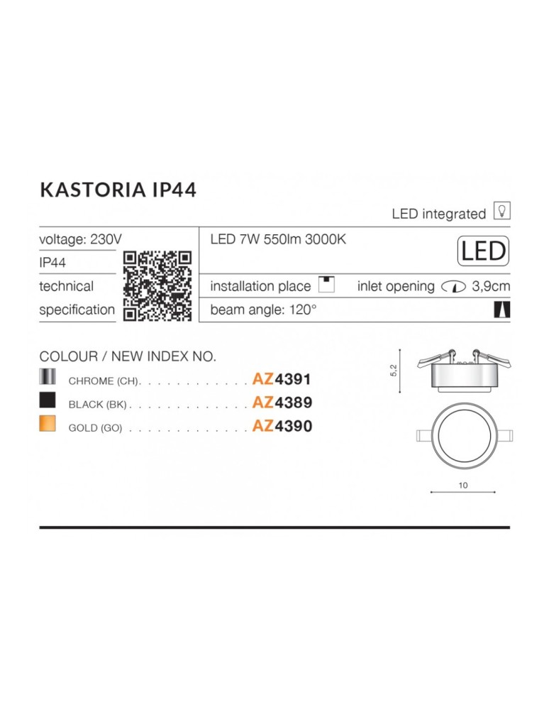 Flush-mounted hermetic lamps - Azzardo KASTORIA LED IP44 7W 550lm 3000K Chrome Recessed AZ4391 - product kolory-swiatla.pl 2