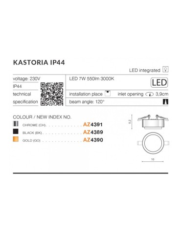 Azzardo KASTORIA LED IP44 7W 550lm 3000K Złoty Wpuszczana AZ4390 - produkt 2