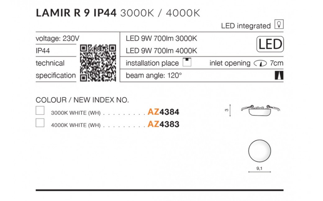 Azzardo LAMIR R9 LED IP44 9W 700lm 3000K Biały Wpuszczana AZ4384