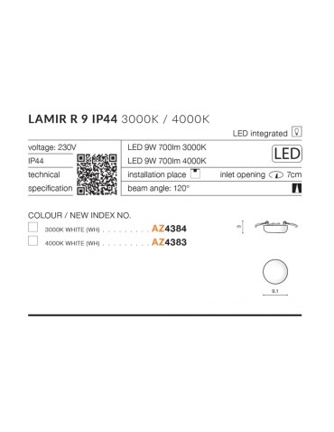 Azzardo LAMIR R9 LED IP44 9W 700lm 4000K Biały Wpuszczana AZ4383 - produkt 2