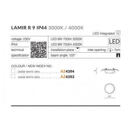 Azzardo LAMIR R9 LED IP44 9W 700lm 4000K Biały Wpuszczana AZ4383