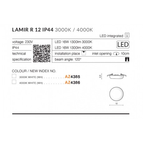 Azzardo LAMIR R12 LED IP44 16W 1300lm 3000K Biały Wpuszczana AZ4385