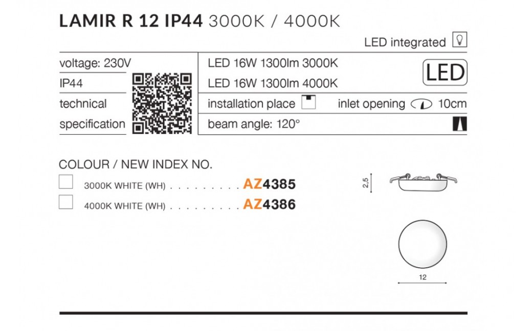 Azzardo LAMIR R12 LED IP44 16W 1300lm 3000K Biały Wpuszczana AZ4385