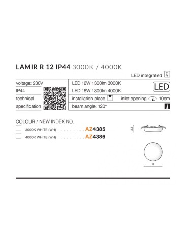 Azzardo LAMIR R12 LED IP44 16W 1300lm 4000K Biały Wpuszczana AZ4386 - produkt 2