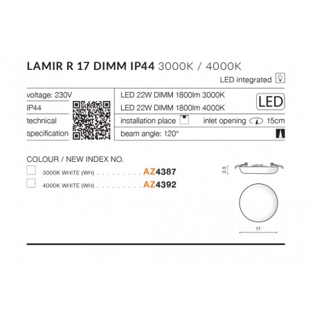 Azzardo LAMIR R17 LED IP44 22W 1800lm 3000K Ściemnialna Biały Wpuszczana AZ4387