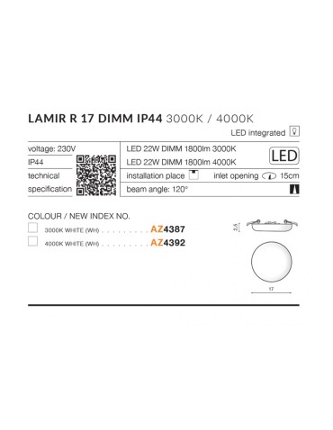 Azzardo LAMIR R17 LED IP44 22W 1800lm 4000K Ściemnialna Biały Wpuszczana AZ4392 - produkt 2