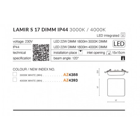 Azzardo LAMIR S17 LED IP44 22W 1800lm 3000K Ściemnialna Biały Wpuszczana AZ4388