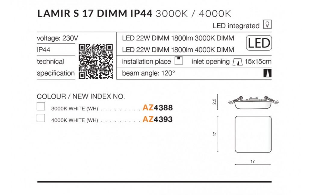 Azzardo LAMIR S17 LED IP44 22W 1800lm 3000K Ściemnialna Biały Wpuszczana AZ4388